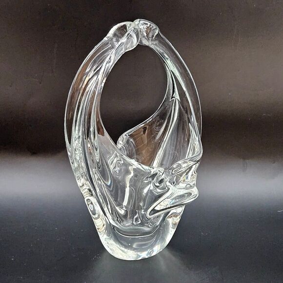 Murano Art Glass Basket Split Handle Hand Blown Clear Art Glass Vintage Abstract - Picture 2 of 10